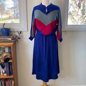 Vintage 80s Chevron Colorblock Knit Dress L/XL